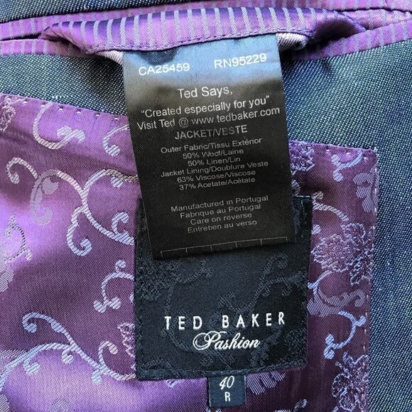 TED BAKER Blue Wool/Linen 2-Piece Jacket & Pant Suit Purple Lining 40 Reg 34x28 - Picture 5 of 16